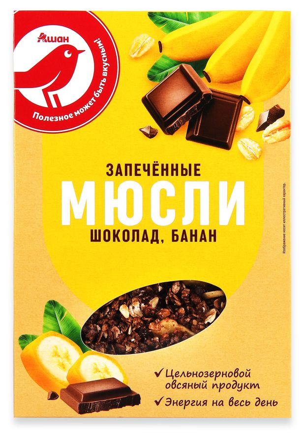 Мюсли запеченные АШАН Красная птица шоколад банан, 375 г