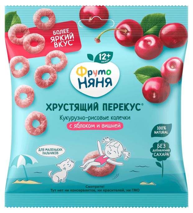 Злаки хрустящие ФрутоНяня кукурузно-рисовые с яблоком и вишней с 12 мес., 21 г