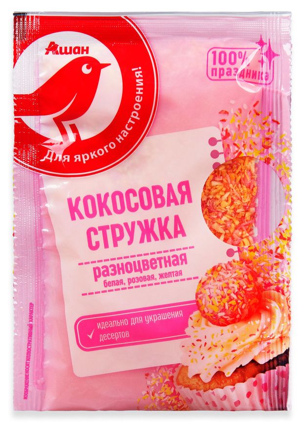 Кокосовая стружка АШАН Красная птица разноцветаная, 40 г