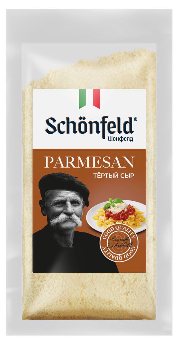 Сыр твердый тертый Пармезан Schonfeld в гранулах в пакете БЗМЖ 80 г 205₽