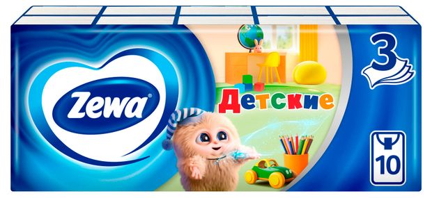 Платочки бумажные носовые Zewa Kids детские 3 слоя, 10 шт
