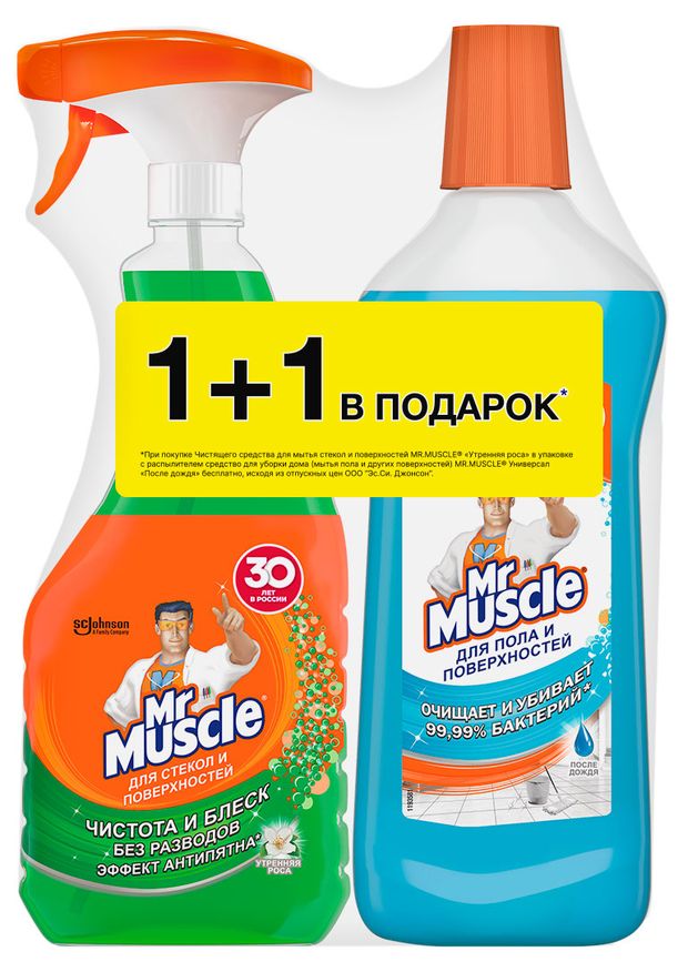 Средство для мытья стекол и поверхностей Mr. Muscle Утренняя Роса, 530 мл + Средство для пола После дождя, 500 мл
