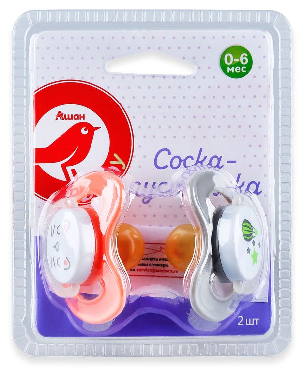 Соска-пустышка АШАН Красная птица Baby 0-6 мес 2 шт 160₽