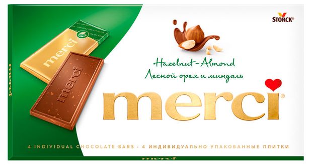 Шоколад Merci молочный с орехами Германия, 4х25 г