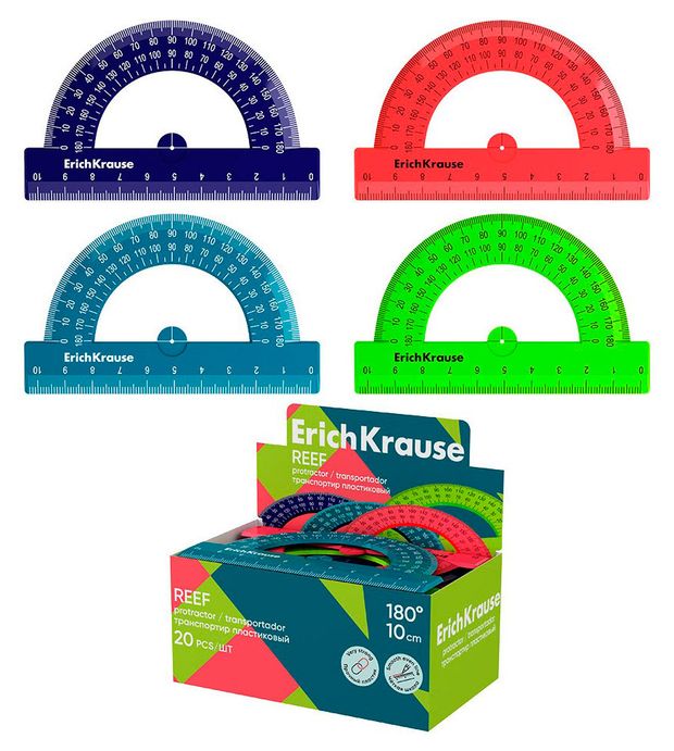 Транспортир пластиковый ErichKrause Reef 180 20 см 1 шт в ассортименте 74₽