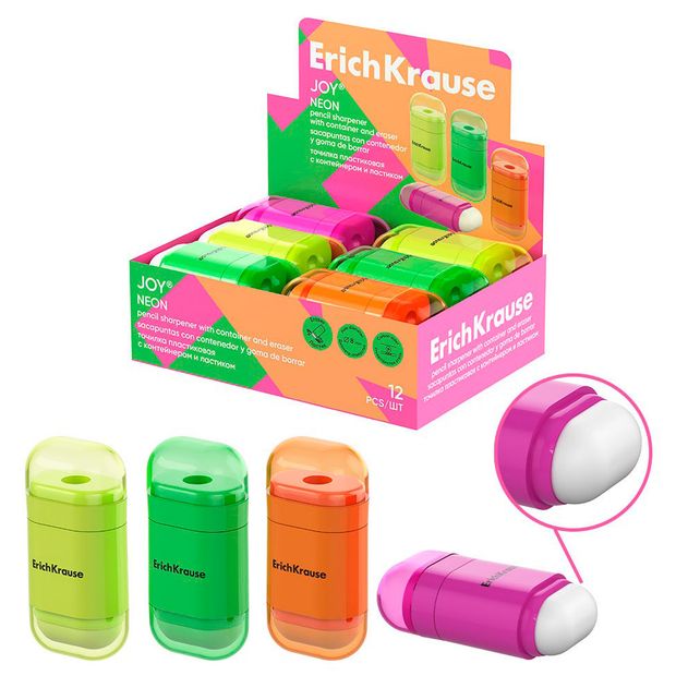 Точилка ErichKrause Joy Neon с ластиком, 1 шт в ассортименте