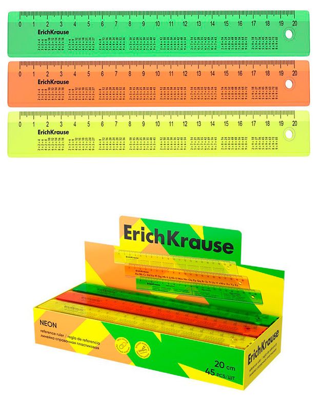 Линейка ErichKrause Neon с таблицей умножения 20 см 1 шт в ассортименте 78₽