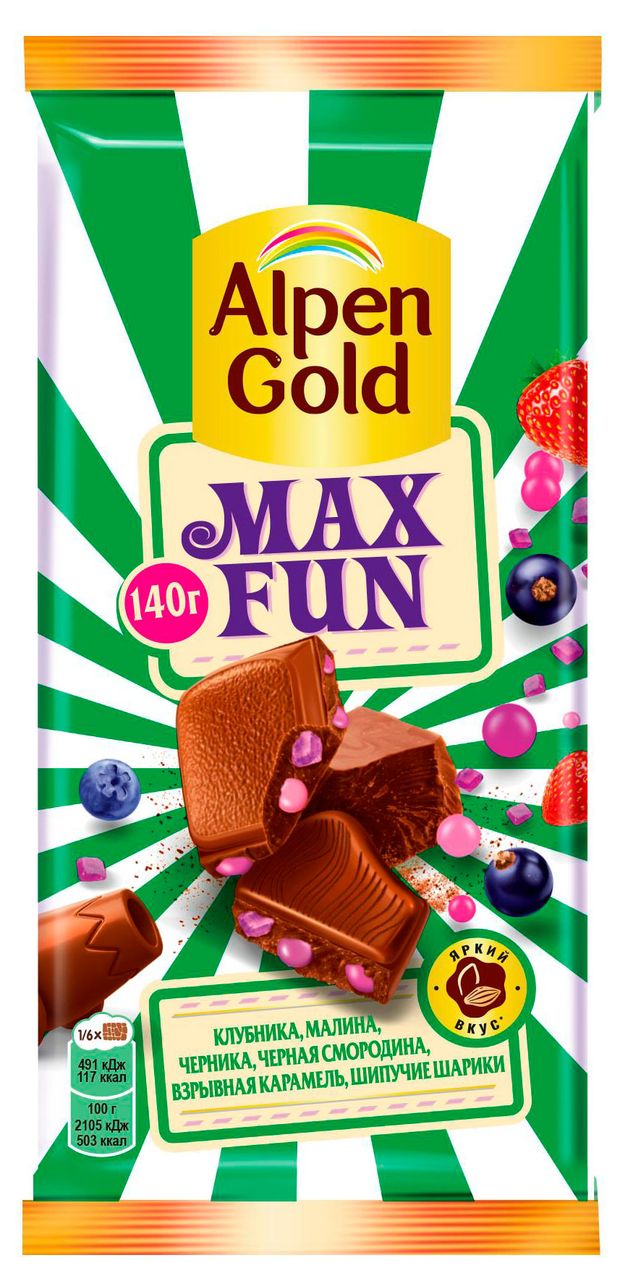 Шоколад молочный Alpen Gold Maxfun c фруктово-ягодными кусочками и взрывной карамелью, 140 г