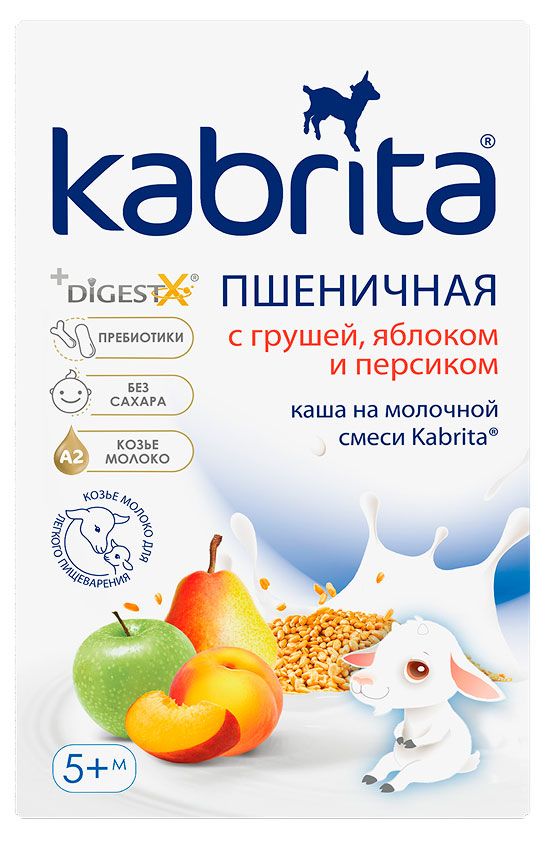 Каша сухая пшеничная Kabrita на молочной смеси груша-яблоко-персик без сахара с 5 мес., 180 г