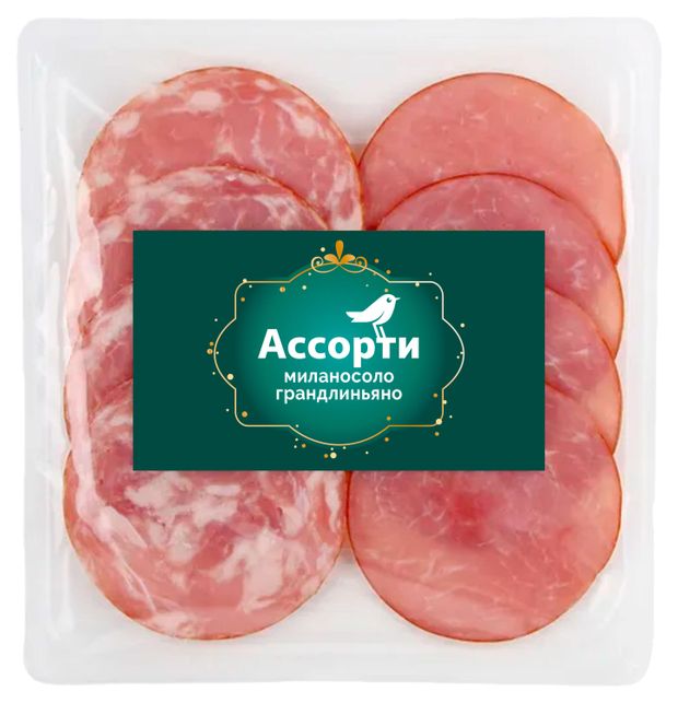 Колбаса сырокопченая АШАН Золотая птица Premium Ассорти Миланосоло Грандлиньяно нарезка, 100 г