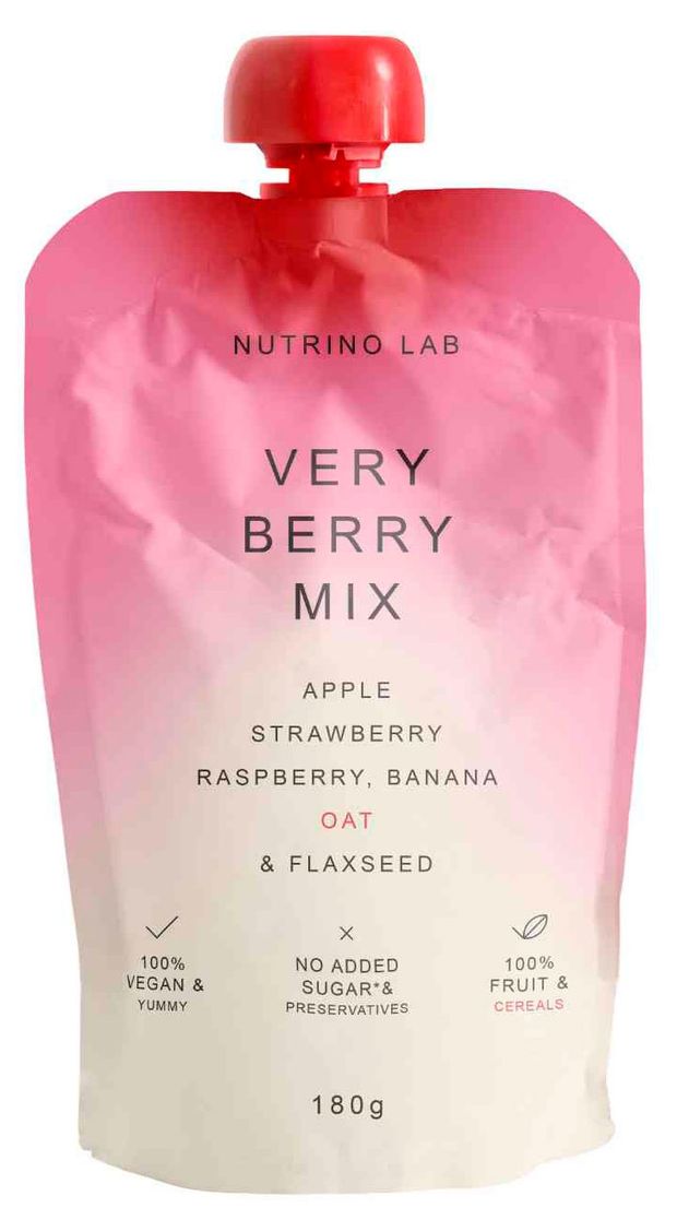 Пюре фруктово-злаковое Nutrino Lab Very Berry Mix Яблоко клубника малина банан с добавлением овса и льна Сербия, 180 г
