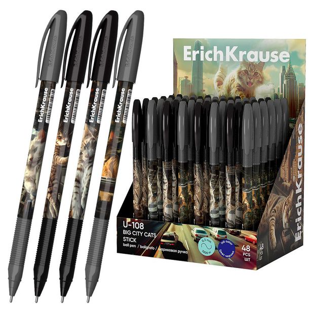 Ручка шариковая ErichKrause U-108 Stick Big City Cats синяя 1.0 мм, 1 шт в ассортименте