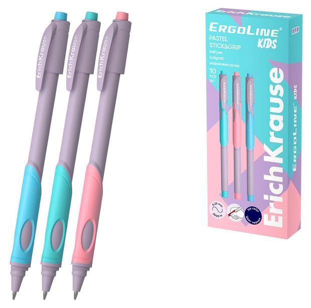 Ручка шариковая ErichKrause ErgoLine Kids Stick&Grip Pastel синяя 0,5 мм, 1 шт в ассортименте