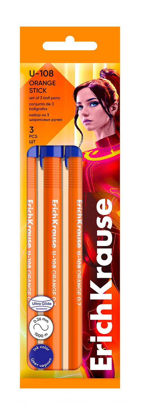 Набор шариковых ручек ErichKrause U-108 Stick Orange синие 07 мм 3 шт 160₽