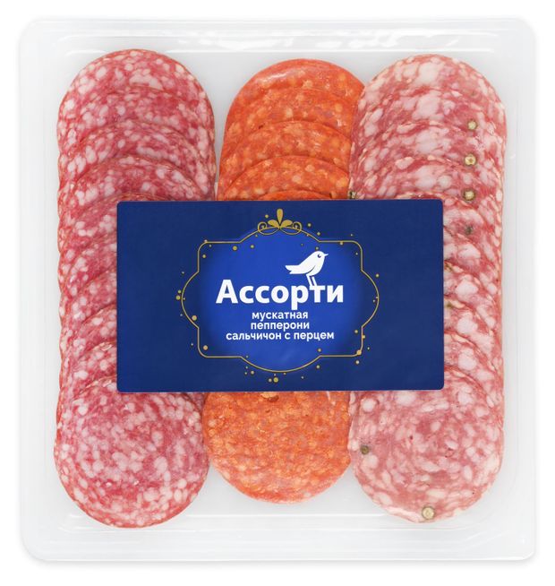 Колбаса сырокопченая АШАН Золотая птица Premium Ассорти Мускатная Пепперони Сальчичон с перцем нарезка 100 г 150₽