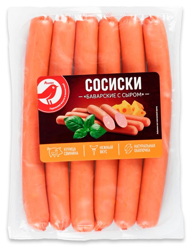 Сосиски АШАН Красная птица Баварские с сыром, 350 г