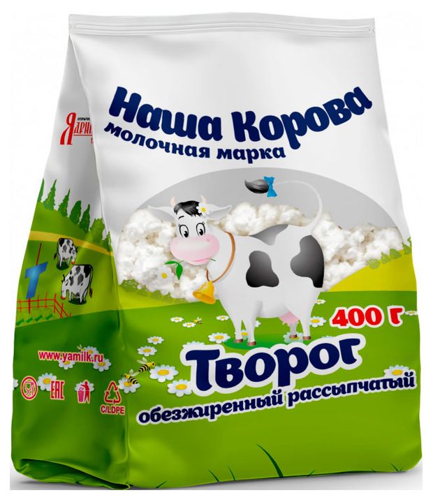 Творог рассыпчатый обезжиренный Ядринмолоко Наша корова в пакете БЗМЖ, 400 г