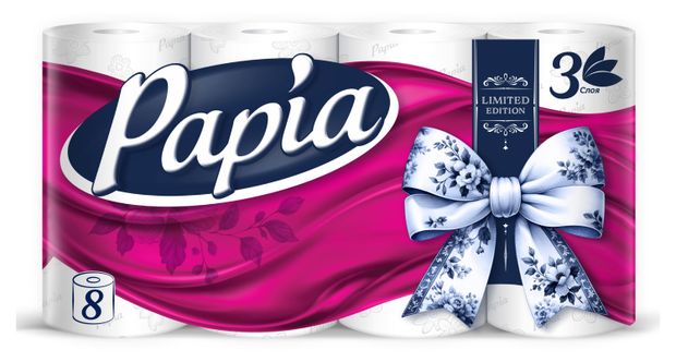 Туалетная бумага Papia, белая 3 слоя, 8 рулонов