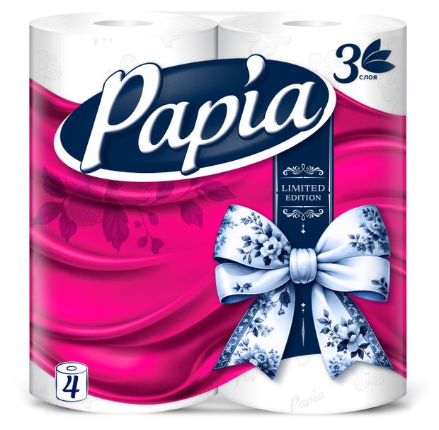 Туалетная бумага Papia белая 3 слоя, 4 рулона