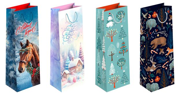 Пакет подарочный под бутылку АШАН Красная птица С Новым годом 12х12х36 см 1 шт в ассортименте 63₽