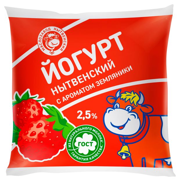 Йогурт питьевой Маслозавод Нытвенский с ароматом земляники в пакете ГОСТ, 400 г