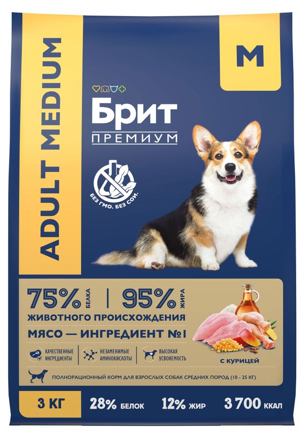 Сухой корм для взрослых собак средних пород Брит Премиум Adult M с курицей, 3 кг