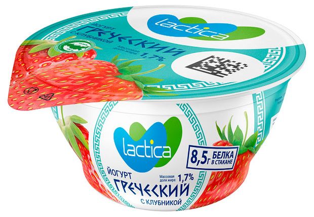 Йогурт греческий густой Lactica с клубникой халяль 17 БЗМЖ 130 г 55₽