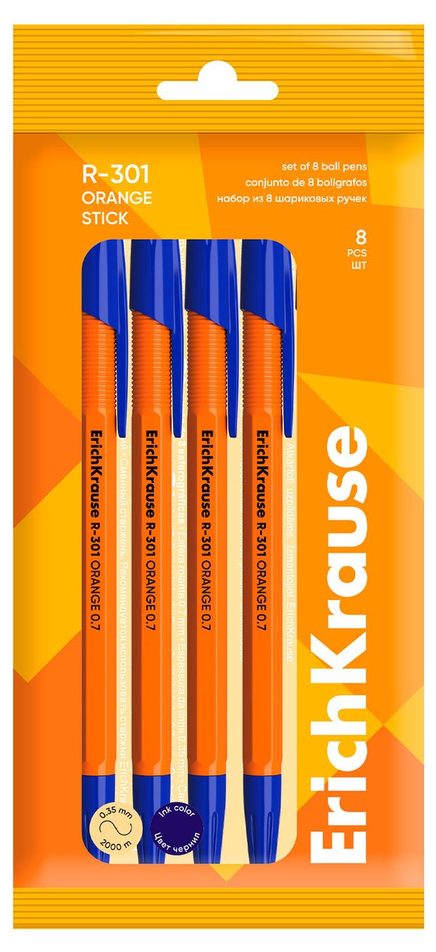 Набор ручек шариковых ErichKrause R-301 Stick Orange 0.7 синий, 8 шт