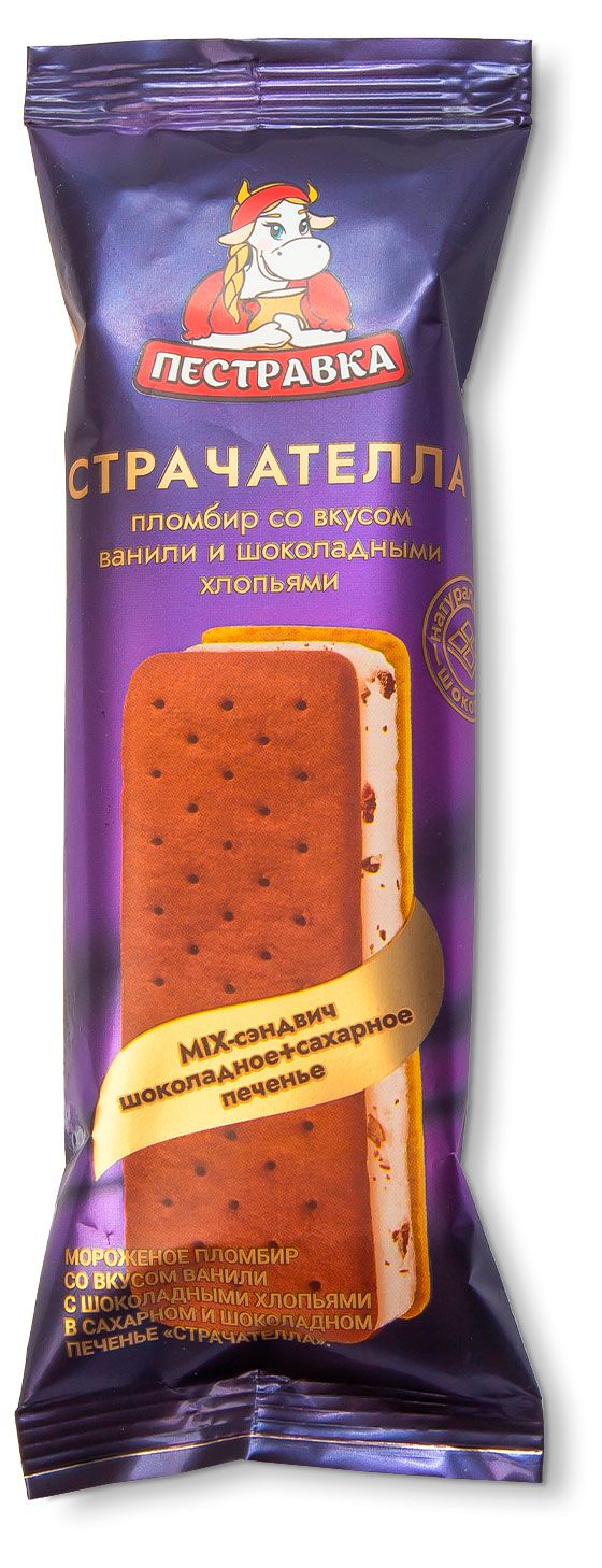 Мороженое молочное Пестравка Страчателла Пломбир со вкусом ванили с хлопьями в шоколадном печенье сэндвич 12% БЗМЖ, 76 г