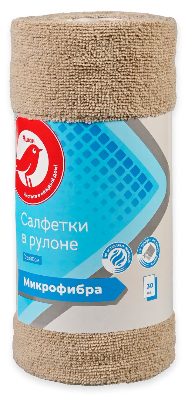 Салфетки АШАН Красная птица микрофибра отрывные в рулоне 25х30 см 30 шт 570₽
