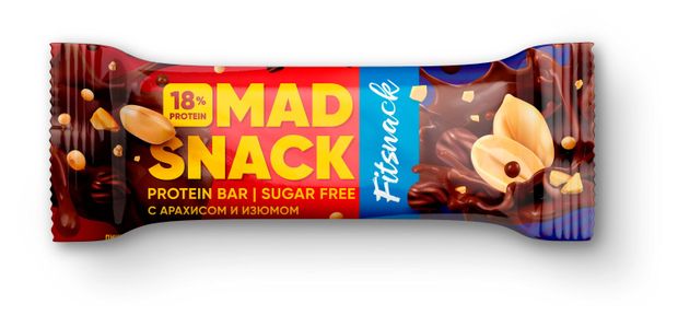 Батончик протеиновый Fitsnack Mad Snack глазированный с арахисом и изюмом, 45 г