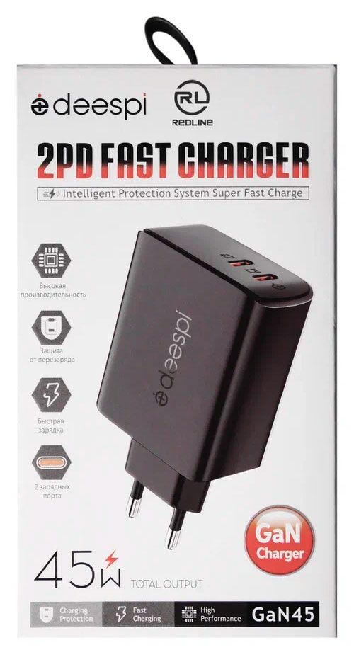Сетевое зарядное устройство Red Line DEESPI GC-04, GAN 2XUSB-C PD45W, черное