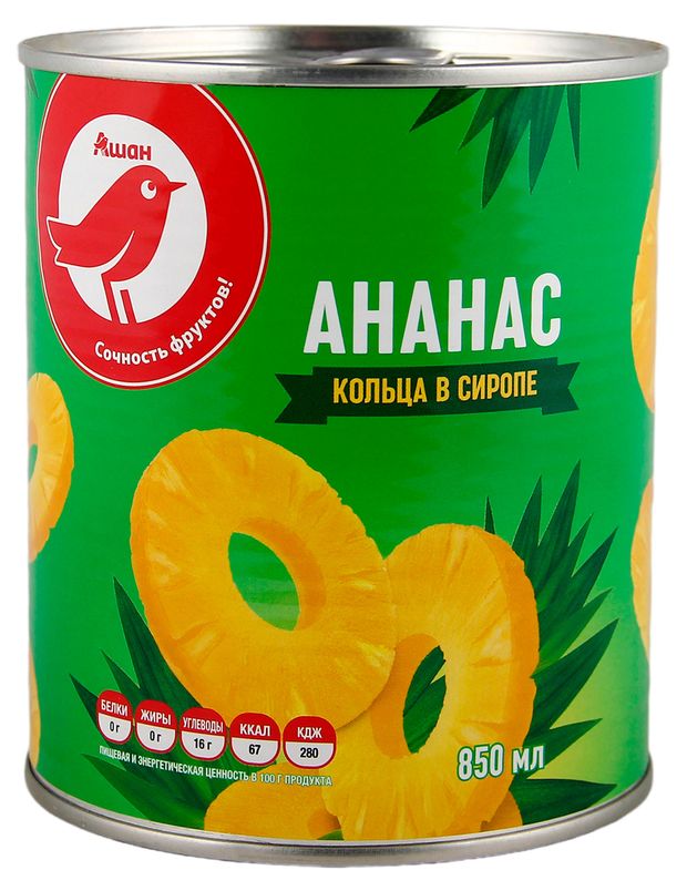 Ананасы консервированные АШАН Красная птица кольца в сиропе Таиланд, 850 мл