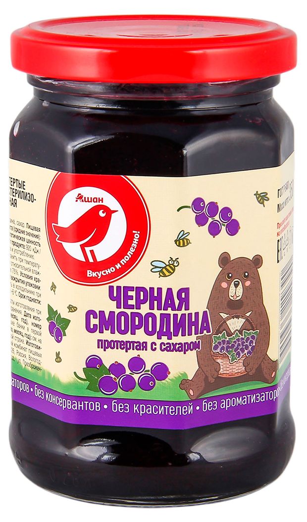 Черная смородина АШАН Красная птица протертая с сахаром, 350 г