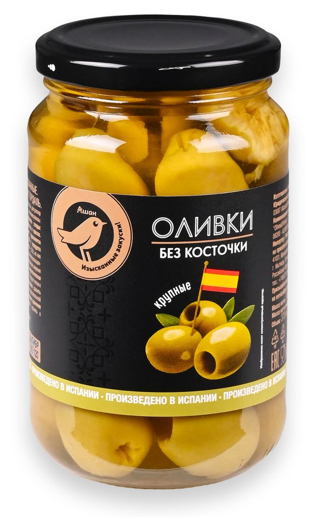 Оливки АШАН Золотая птица крупные Гордаль без косточек Испания 370 мл 280₽