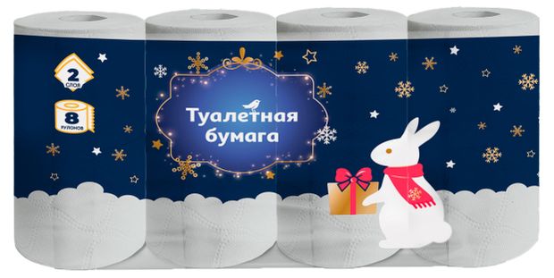 Туалетная бумага АШАН Красная птица с новогодним рисунком 2 слоя 8 рулонов 140₽