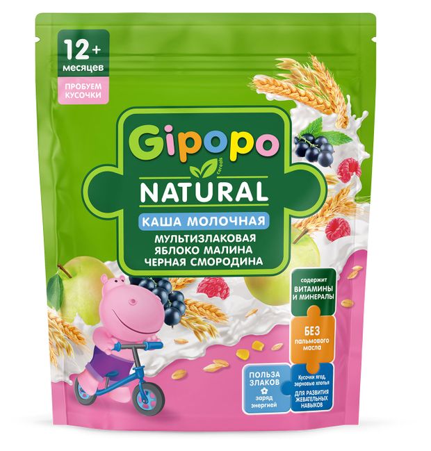 Каша сухая молочная детская Gipopo Мультизлаковая яблоко, малина и черная смородина с 12 мес., 200 г