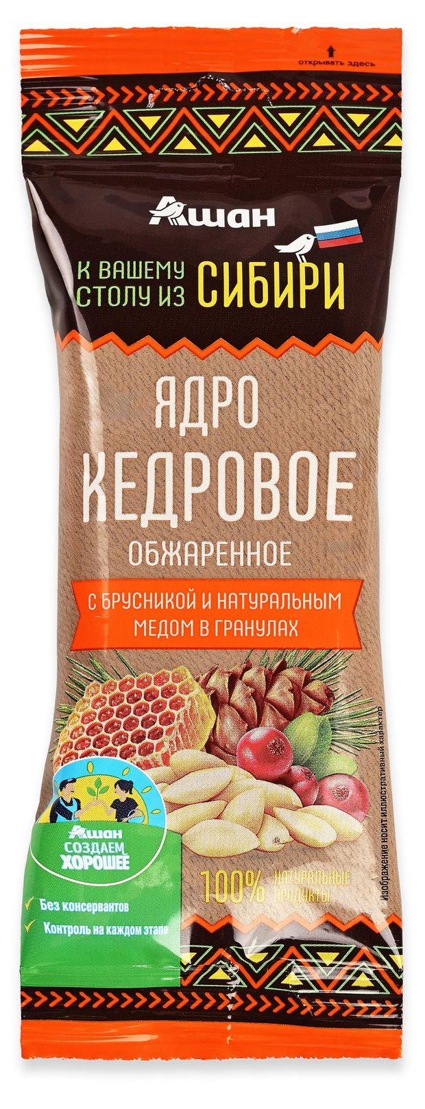 Ядро кедровое АШАН Красная птица обжаренное с брусникой и натуральным медом в гранулах 30 г 170₽