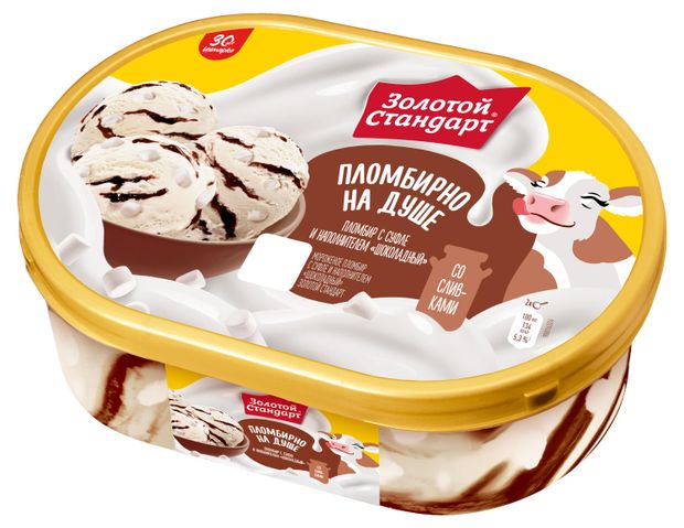Мороженое пломбир Золотой Стандарт ванильный с суфле и наполнителем шоколад 12% БЗМЖ, 445 г