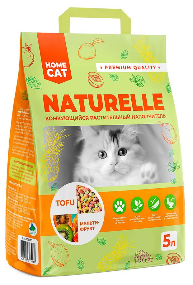 Наполнитель для кошачьего туалета HOMECAT Naturelle Tofu Мультифрукт растительный комкующийся, 5 л