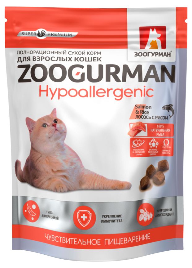 Сухой корм для взрослых кошек с чувствительным пищеварением Зоогурман лосось с рисом 350 г 300₽