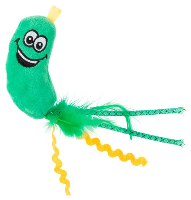 Игрушка для кошек Mr.Kranch Огурчик плюшевая с кошачьей мятой и перышками 17 см зеленая, 1 шт
