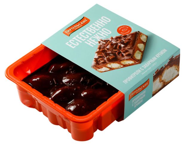 Пирожные заварные Тирольские пироги Профитроли с заварным кремом залитые муссом из шоколада охлажденные, 275 г