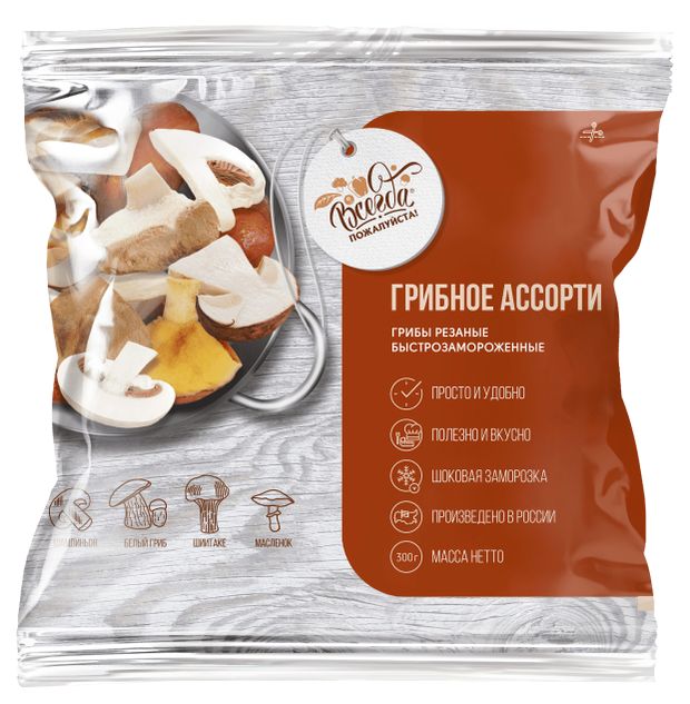 Грибная смесь Грибное ассорти Всегда пожалуйста гриб белый, шампиньоны, шиитаке, маслята быстрозамороженные, 300 г