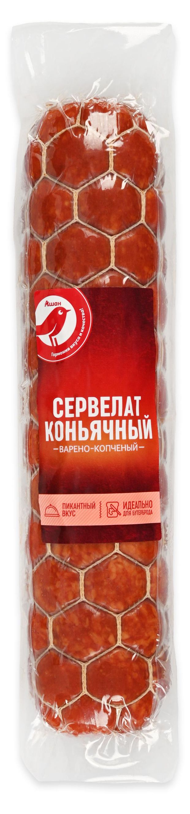 Колбаса варено-копченая АШАН Красная птица Сервелат Коньячный 900 г 1100₽