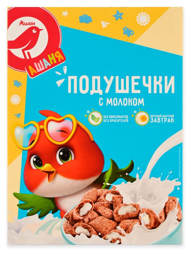 Готовый завтрак АШАН Красная птица Подушечки с молоком Беларусь, 250 г