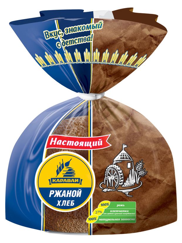 Хлеб ржаной черный Каравай обдирный подовый на закваске нарезка, 380 г