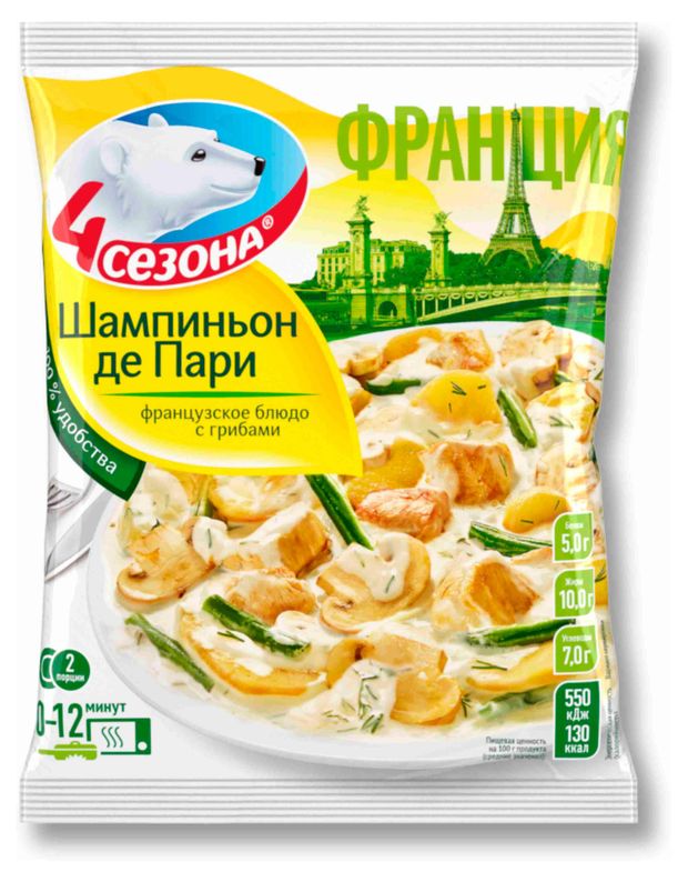Грибная смесь 4 Сезона Шампиньон Де Пари грибы шампиньоны с курицей и овощами замороженные 600 г 440₽