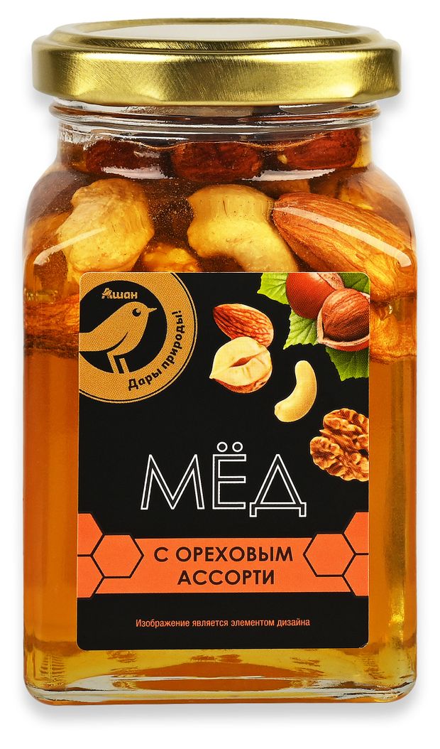 Мед АШАН Золотая птица с орехами ассорти, 285 г