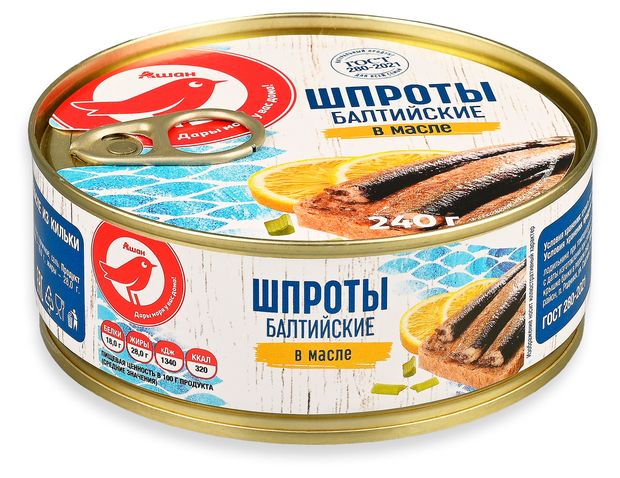 Шпроты АШАН Красная птица Балтийские в масле 240 г 170₽